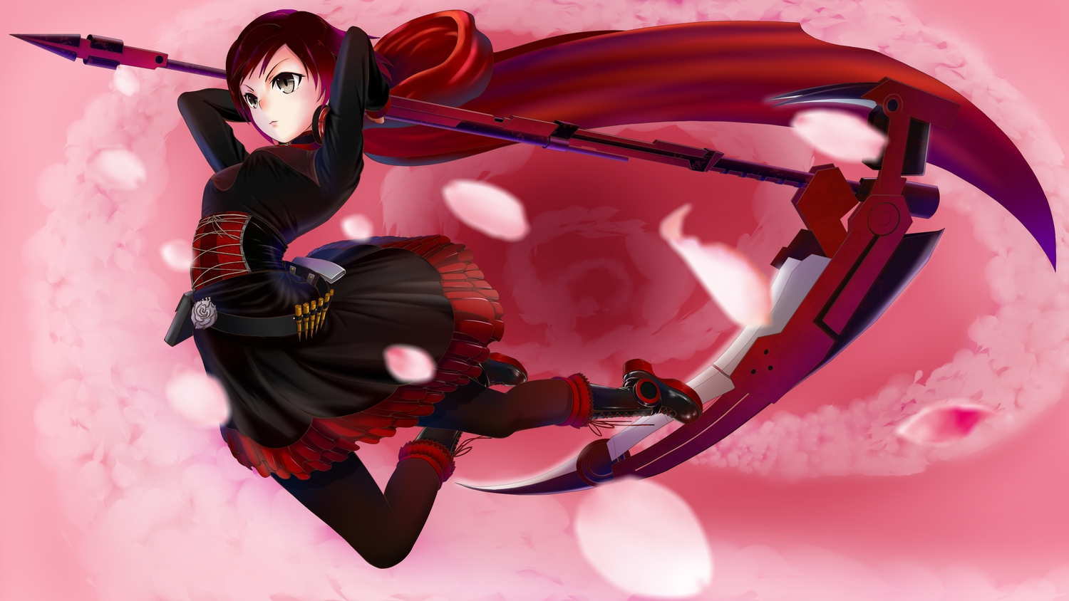 boots, cape, dress, gray_eyes, heli-kotohime, pantyhose, petals, pink, red_hair, ruby_rose, rwby, scythe, short_hair, weapon