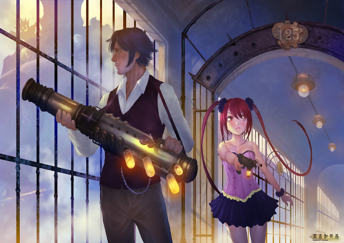 ariverkao, black_hair, gun, long_hair, original, red_hair, short_hair, twintails