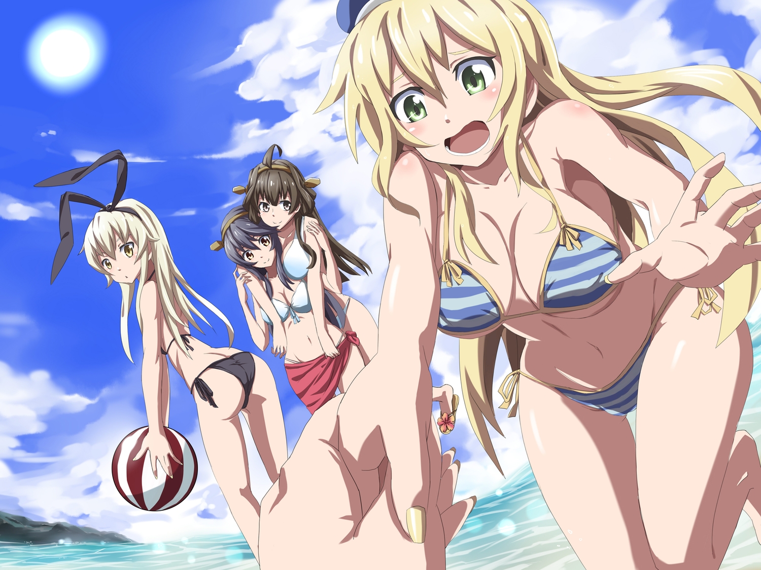 anthropomorphism, ass, atago_(kancolle), ball, beach, bikini, blonde_hair, blue_hair, breasts, brown_eyes, brown_hair, cleavage, clouds, green_eyes, group, haruna_(kancolle), hat, headband, kamisa, kantai_collection, kongou_(kancolle), long_hair, navel, shimakaze_(kancolle), swimsuit, water, yellow_eyes