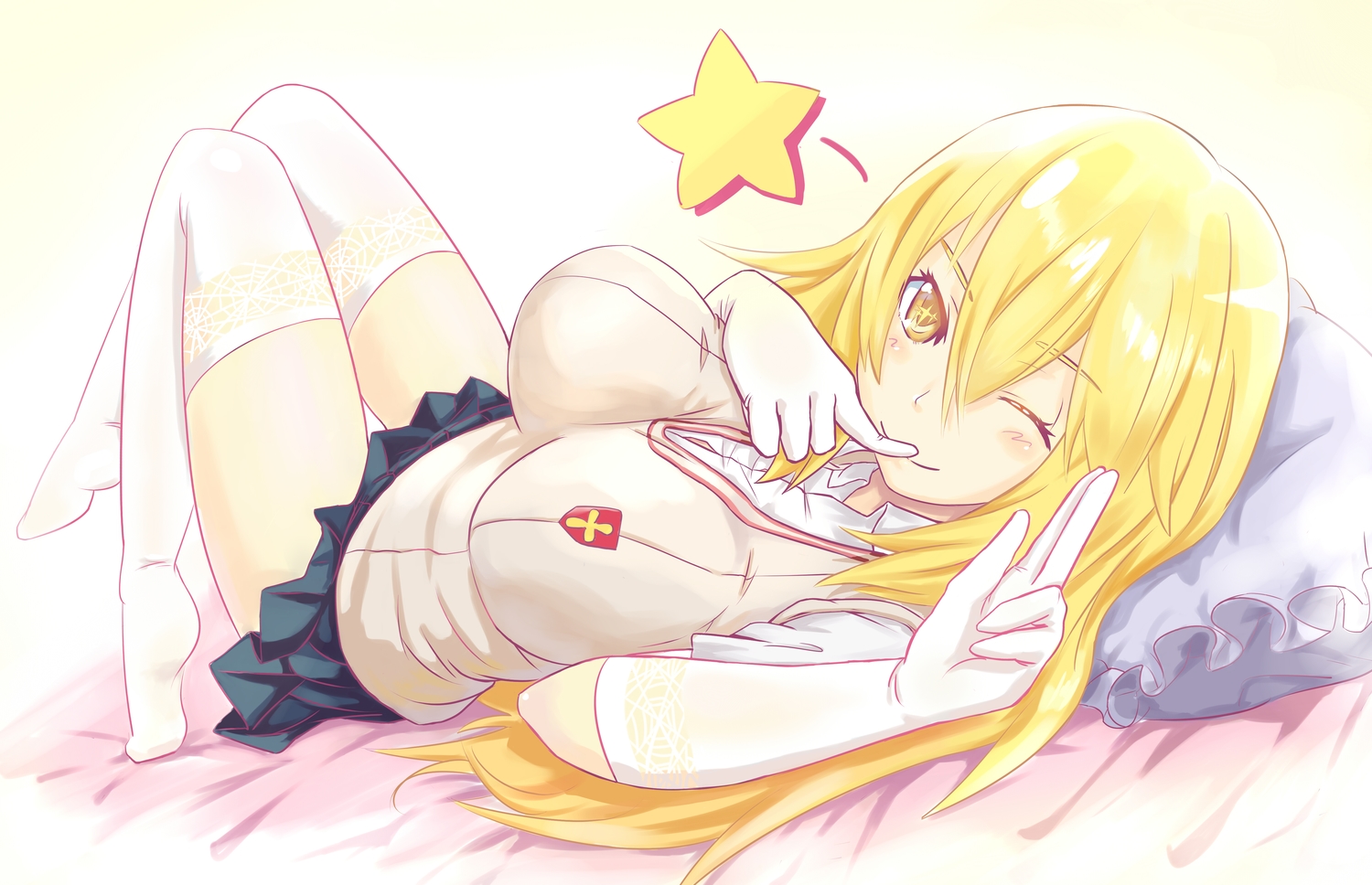 blonde_hair, elbow_gloves, gloves, kamisa, long_hair, school_uniform, shokuhou_misaki, thighhighs