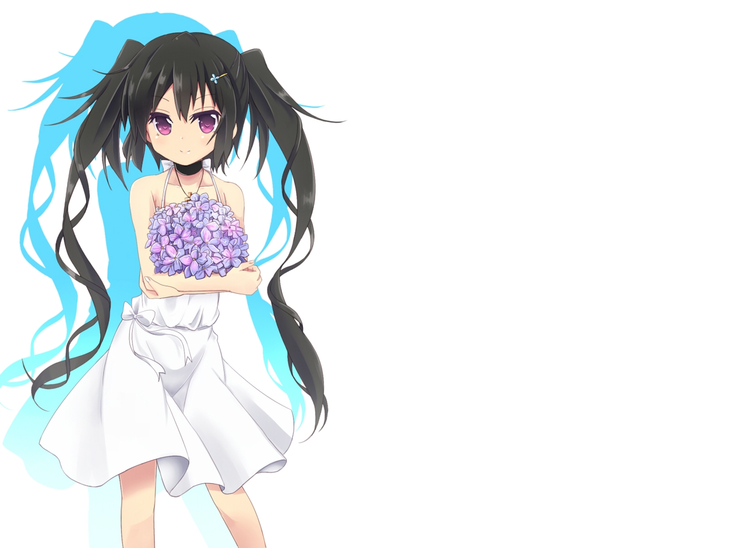 amano_kouki, black_hair, dress, flowers, long_hair, original, purple_eyes, twintails