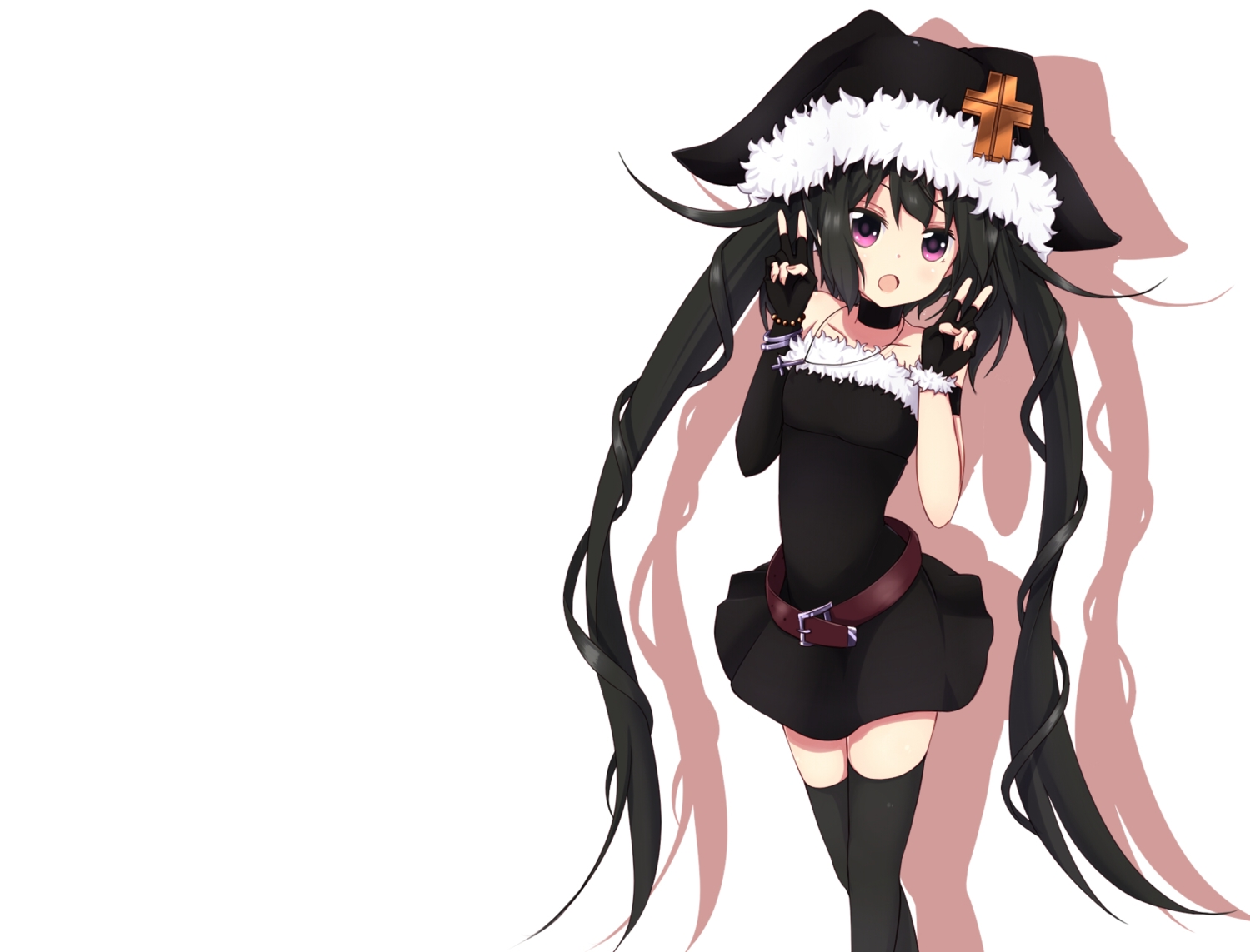 amano_kouki, black_hair, choker, dress, gloves, long_hair, necklace, original, purple_eyes, thighhighs, twintails, white