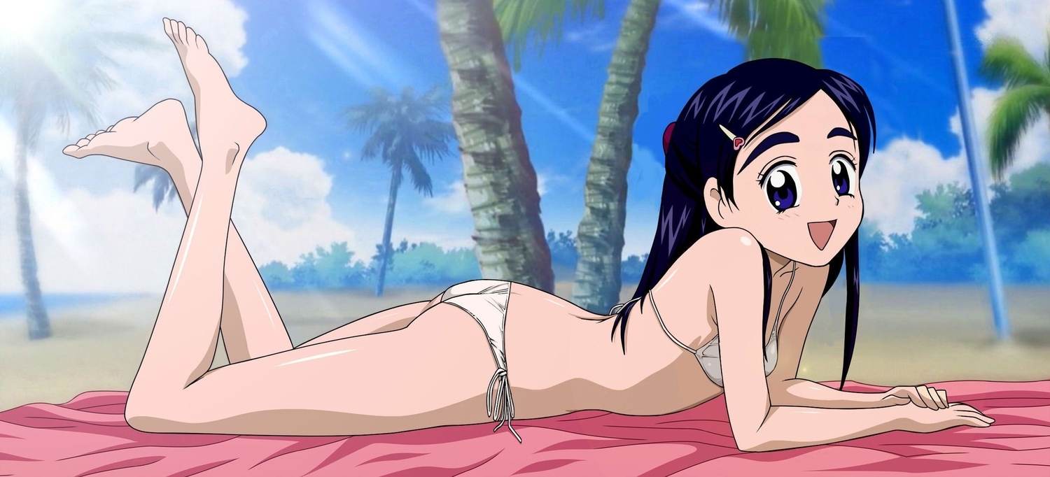 barefoot, beach, bikini, blue_eyes, blue_hair, futari_wa_precure, jpeg_artifacts, loli
