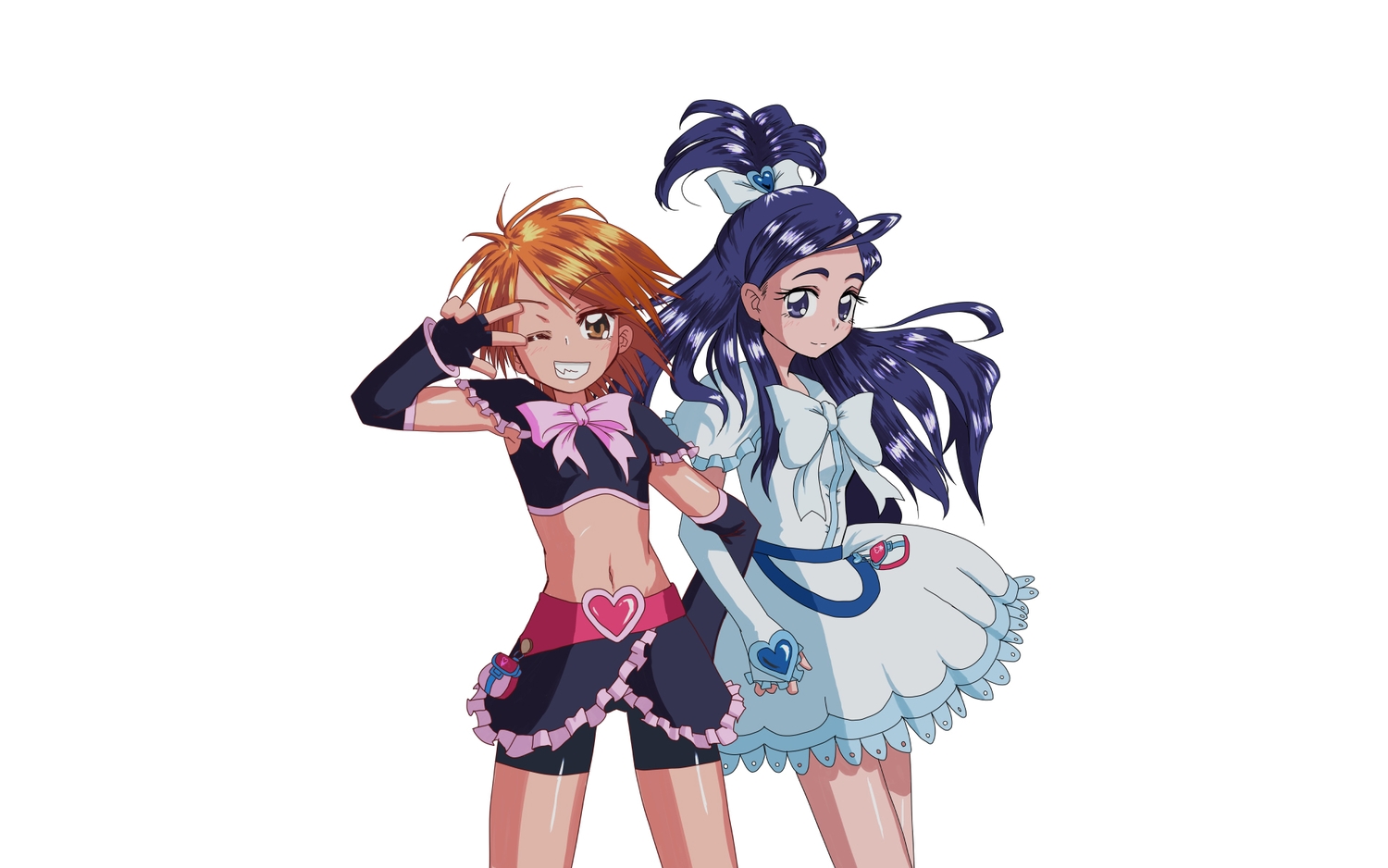 2girls, blue_eyes, blue_hair, bow, brown_eyes, cure_black, cure_white, dress, elbow_gloves, futari_wa_precure, gloves, kugimine, long_hair, misumi_nagisa, navel, orange_hair, precure, short_hair, white, wink, yukishiro_honoka