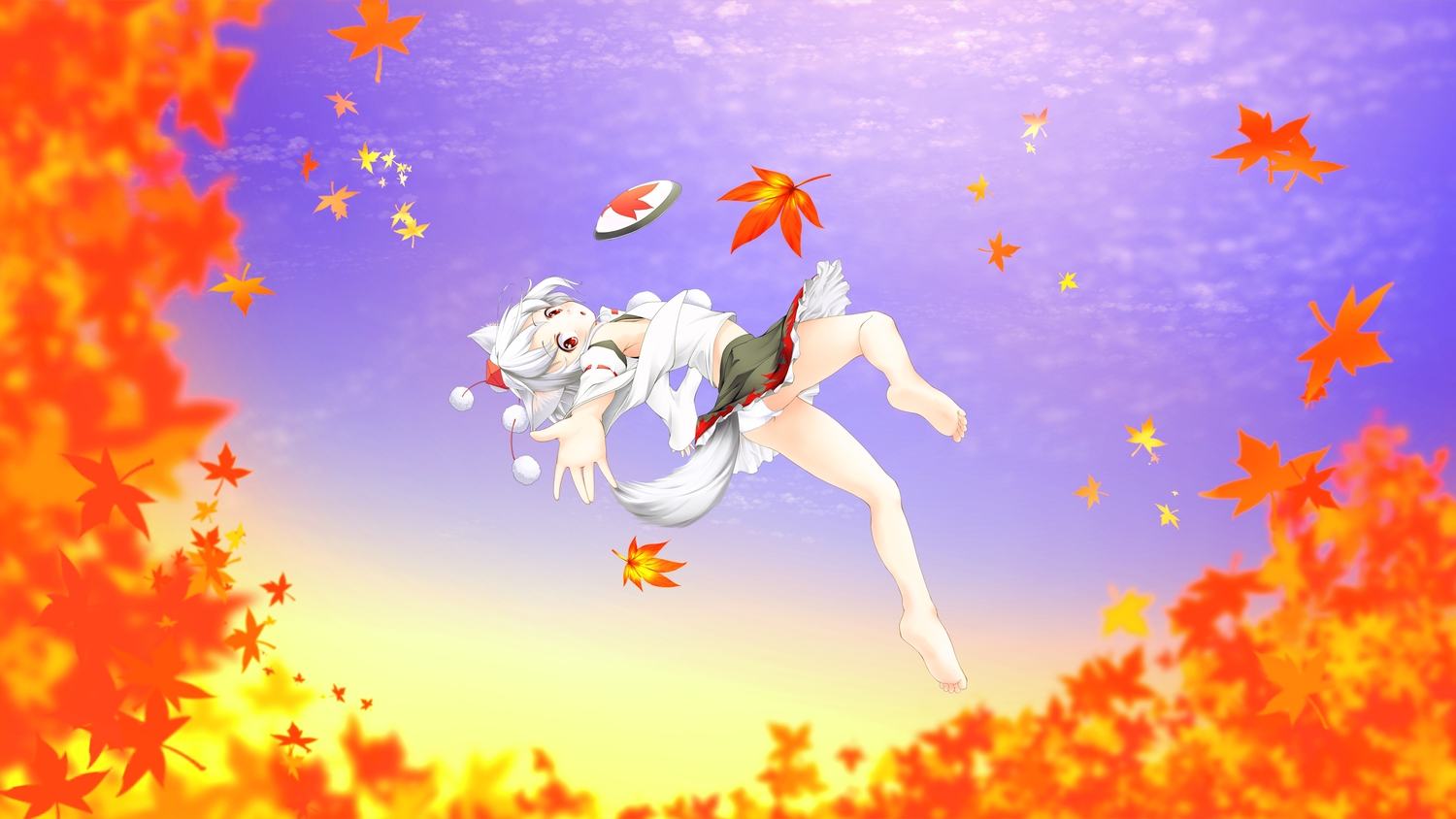animal_ears, autumn, barefoot, chachaneko, inubashiri_momiji, leaves, panties, tail, touhou, underwear, white_hair, wolfgirl