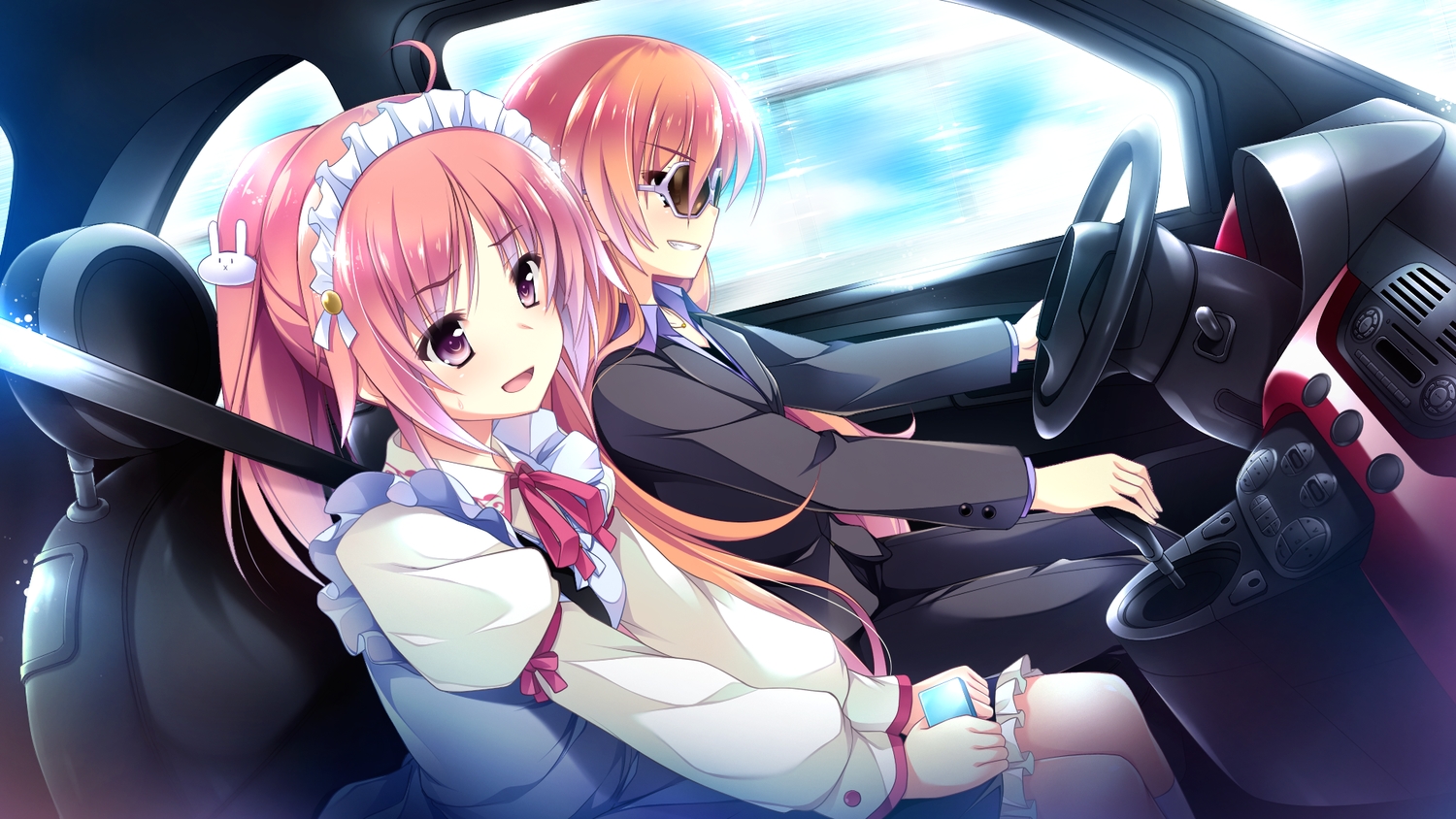 2girls, car, ensemble_(company), game_cg, glasses, headdress, long_hair, maid, mutou_kurihito, ojousama_wa_gokigen_naname, orange_hair, pink_hair, ponytail, purple_eyes, sakurazaki_hana, short_hair, suit, sunglasses, yuuzenji_tsurumi
