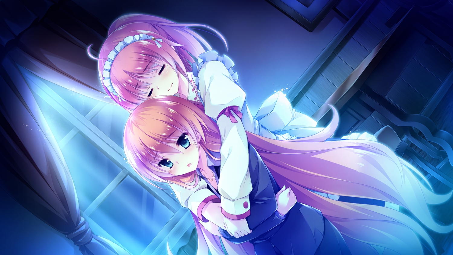 2girls, blue_eyes, ensemble_(company), game_cg, headband, hug, long_hair, mutou_kurihito, night, ojousama_wa_gokigen_naname, pink_hair, sakurazaki_hana, yuuzenji_tsurumi