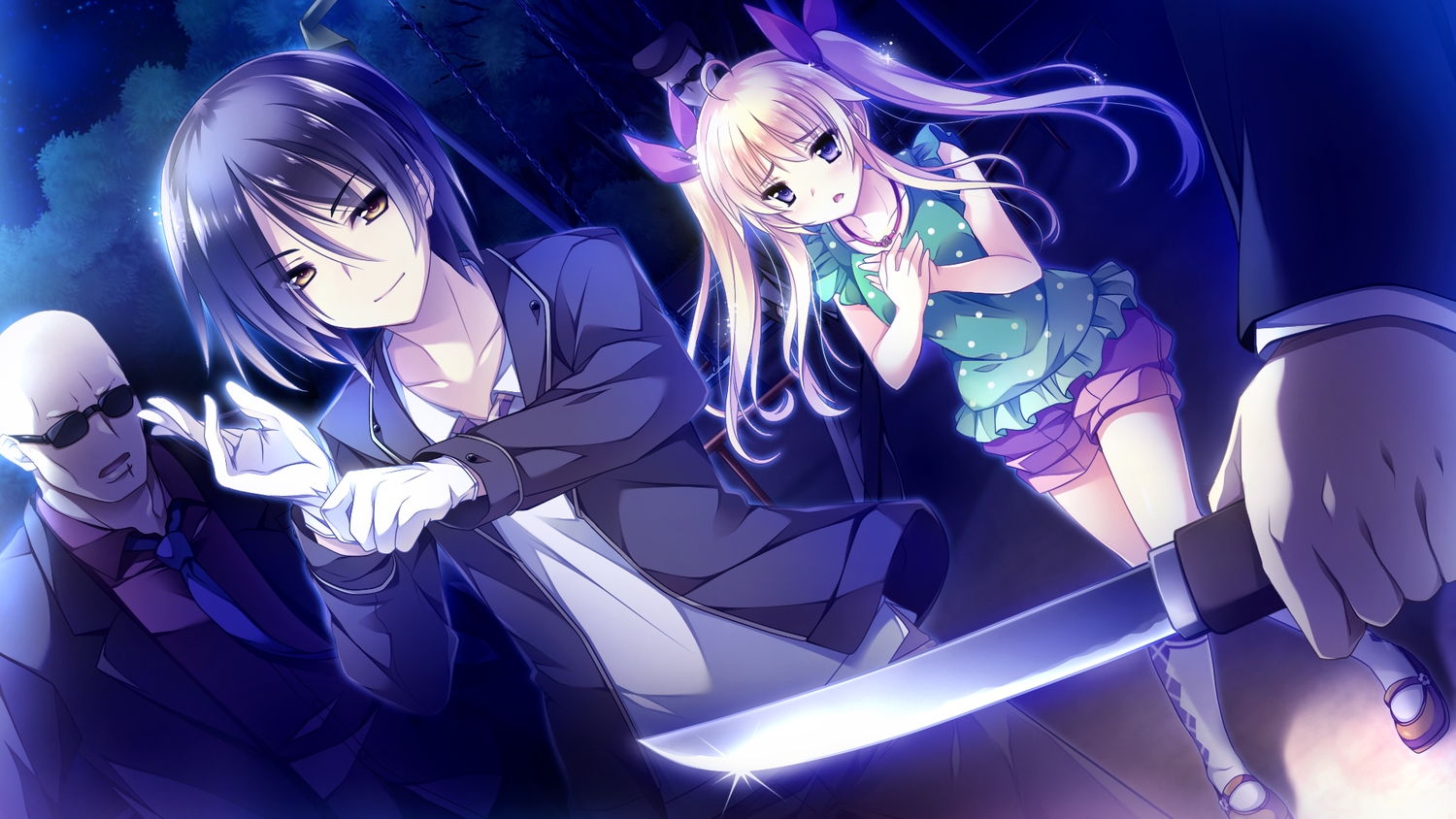 black_hair, blonde_hair, ensemble_(company), game_cg, glasses, gloves, hibiki_otoha, knife