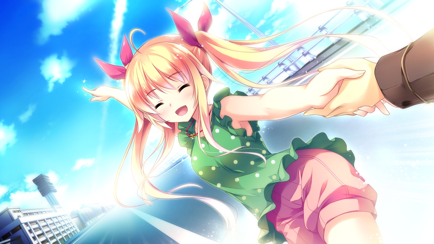blonde_hair, bow, building, ensemble_(company), game_cg, hibiki_otoha, long_hair, mutou_kurihito