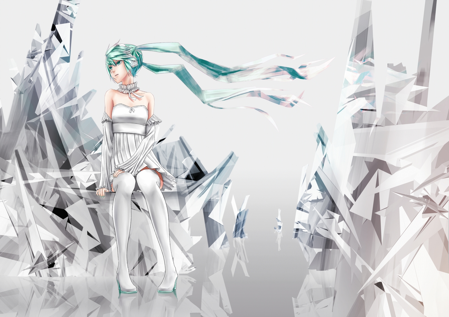 aqua_eyes, aqua_hair, choker, dress, hatsune_miku, headphones, long_hair, menka, thighhighs, twintails, vocaloid