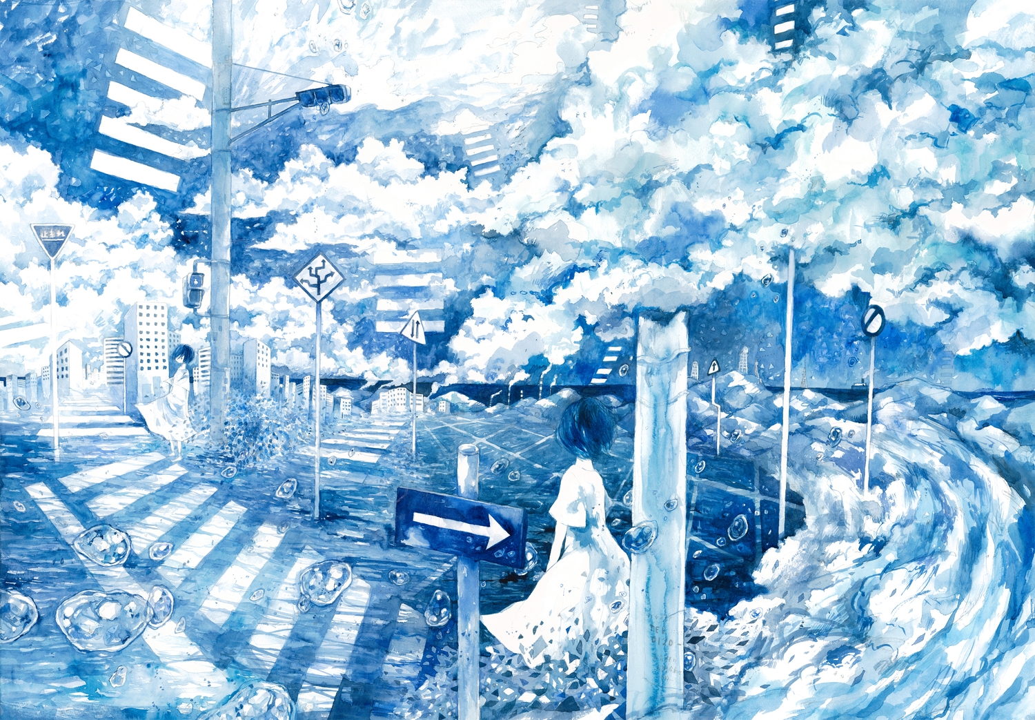 bubbles, clouds, dress, original, short_hair, wayukako