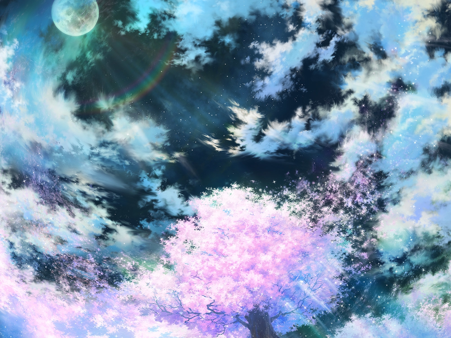 cherry_blossoms, clouds, flowers, iy_tujiki, jpeg_artifacts, moon, night, no_humans