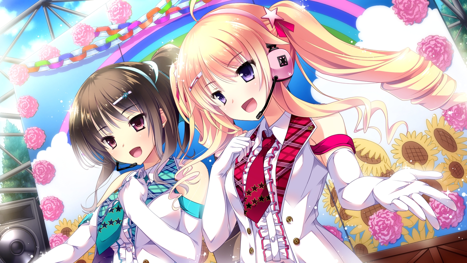 2girls, blonde_hair, brown_hair, dress, elbow_gloves, ensemble_(company), game_cg, gloves