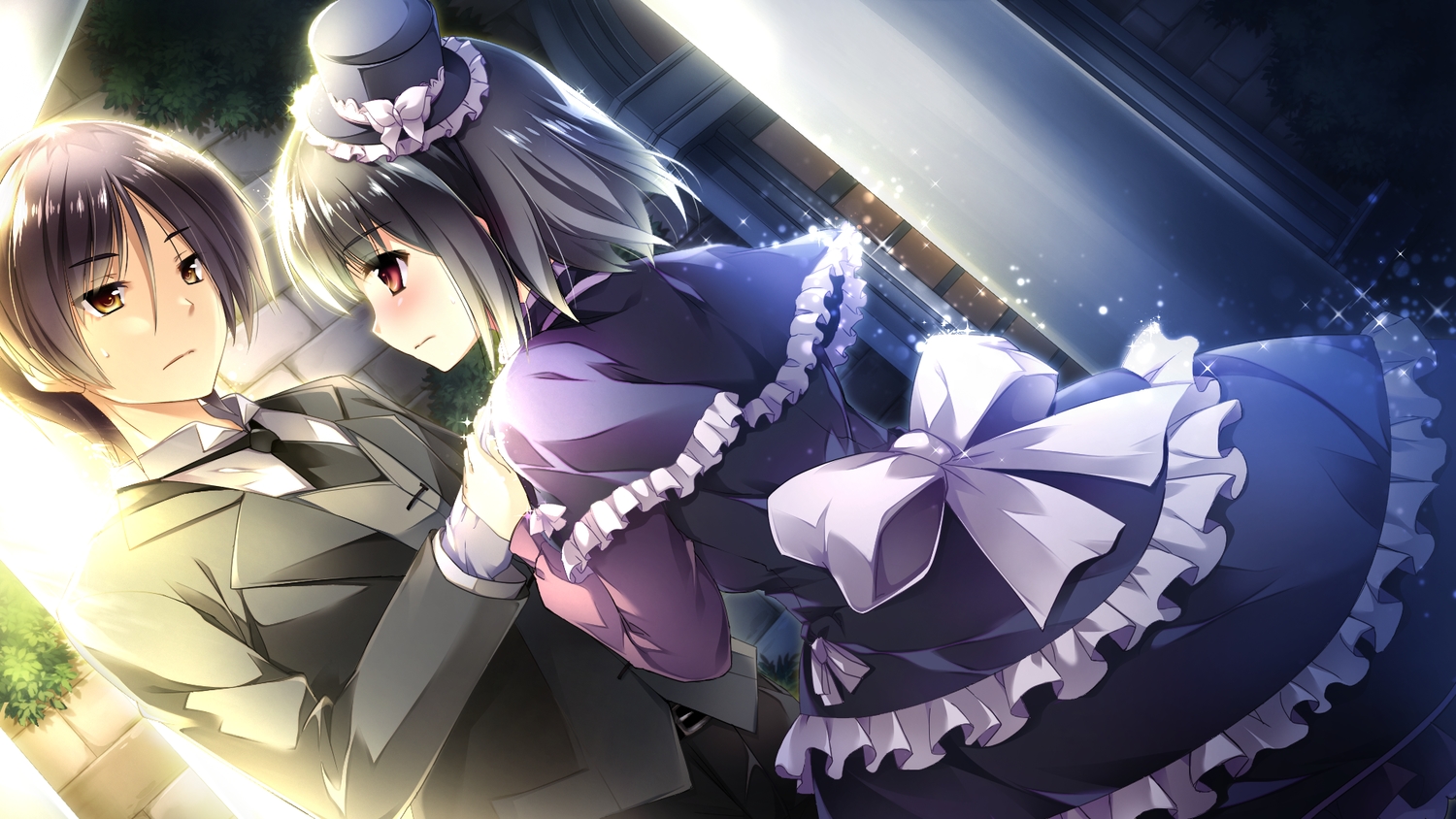 black_hair, bow, brown_eyes, ensemble_(company), game_cg, hat, lolita_fashion, mutou_kurihito
