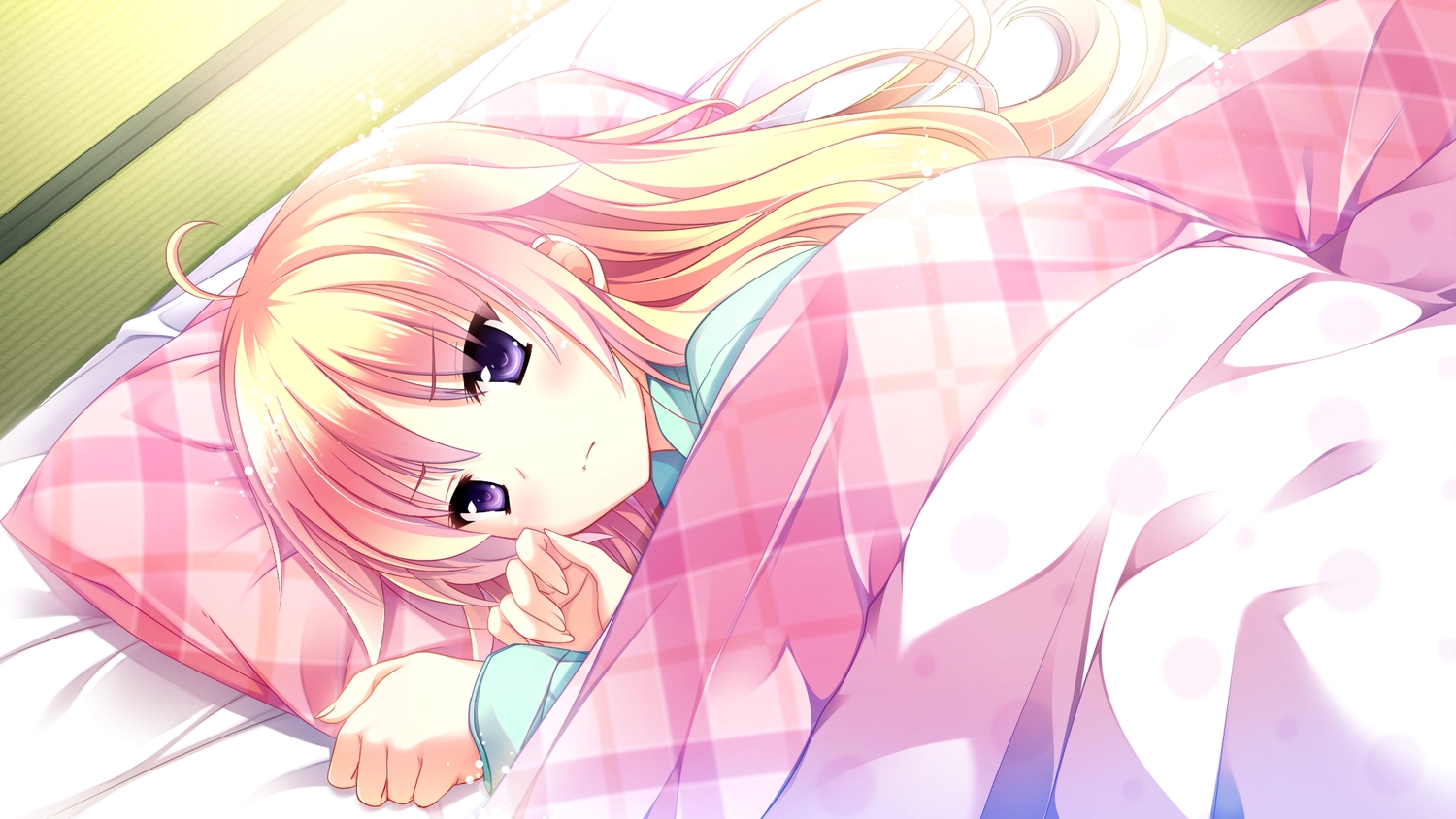 bed, blonde_hair, ensemble_(company), game_cg, hibiki_otoha, long_hair, mutou_kurihito, ojousama_wa_gokigen_naname