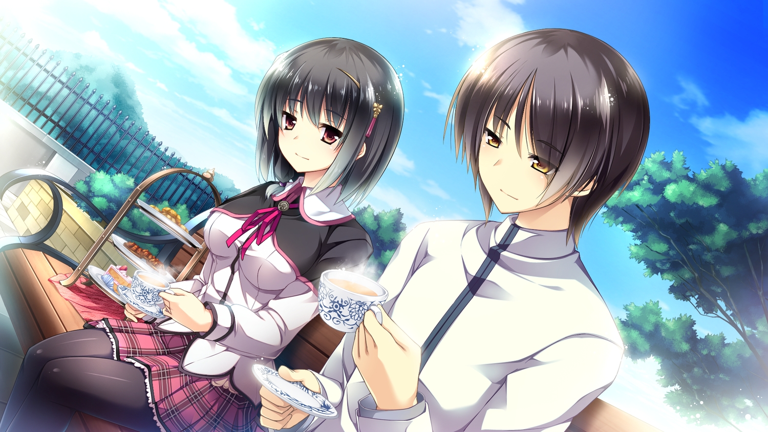 black_hair, brown_eyes, clouds, ensemble_(company), food, game_cg, mutou_kurihito, ojousama_wa_gokigen_naname