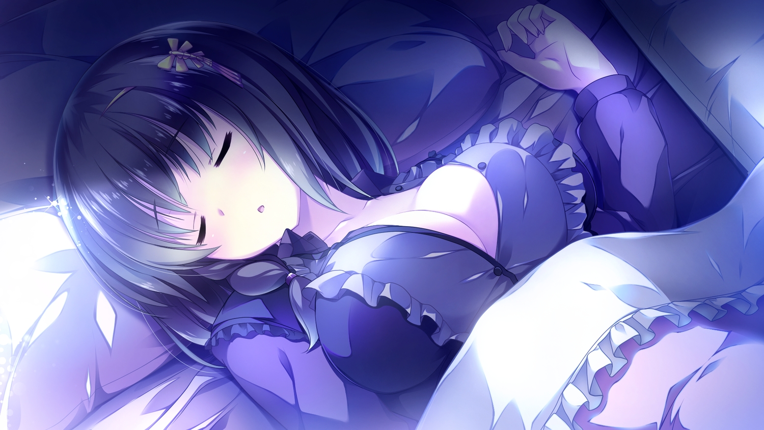 breasts, cleavage, ensemble_(company), game_cg, mutou_kurihito, ojousama_wa_gokigen_naname, sleeping, yukinokouji_shiaya
