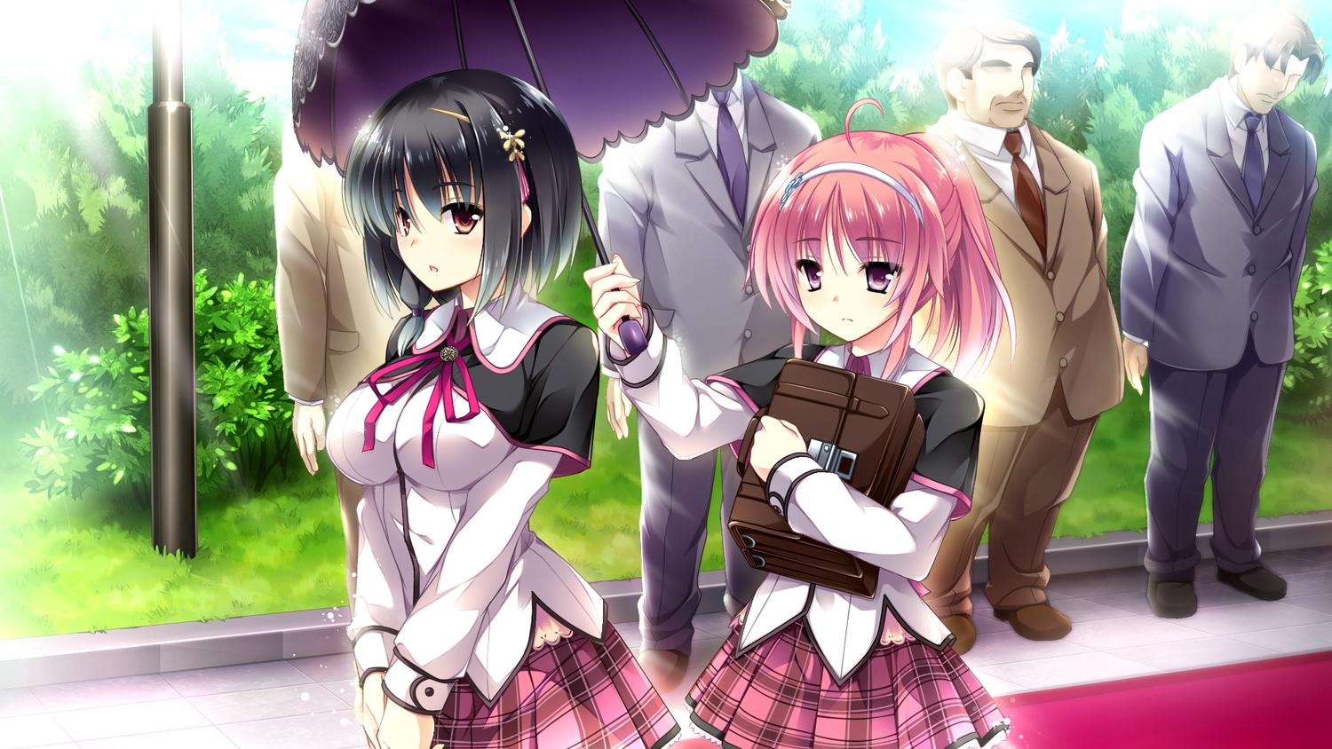 2girls, black_hair, brown_eyes, ensemble_(company), game_cg, headband, mutou_kurihito, ojousama_wa_gokigen_naname, pink_hair, purple_eyes, ribbons, sakurazaki_hana, school_uniform, short_hair, umbrella, yukinokouji_shiaya