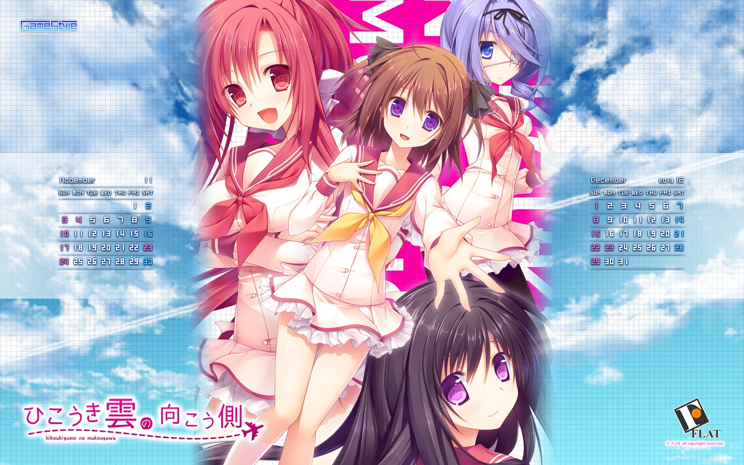 calendar, eyepatch, hikoukigumo_no_mukougawa, hirosaki_mina, mishio_eiri, purinko, satou_risa, school_uniform, ugawara_iroha