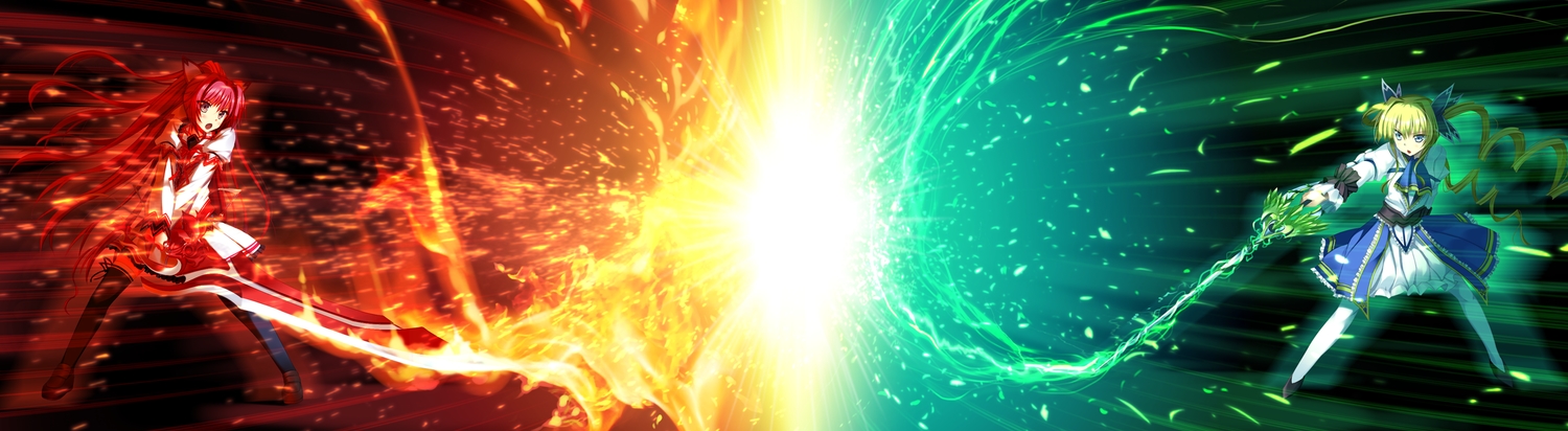 2girls, blonde_hair, dualscreen, eufonie, eve_elaine_austin, game_cg, koiken_otome, long_hair, red_hair, school_uniform, sword, tateha, twintails, weapon, yasukuni_akane