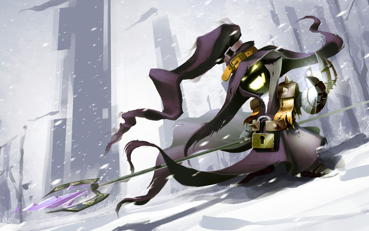 anarki_300, hat, league_of_legends, mage, signed, snow, staff, torn_clothes, veigar, weapon, witch_hat