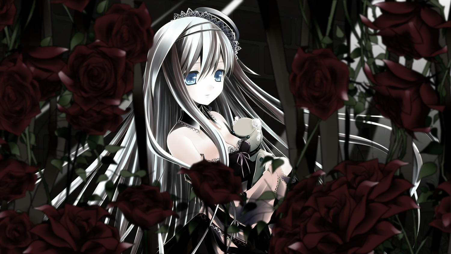 blue_eyes, flowers, goth-loli, gray_hair, hat, lolita_fashion, long_hair, makita_makino, original, rose, teddy_bear