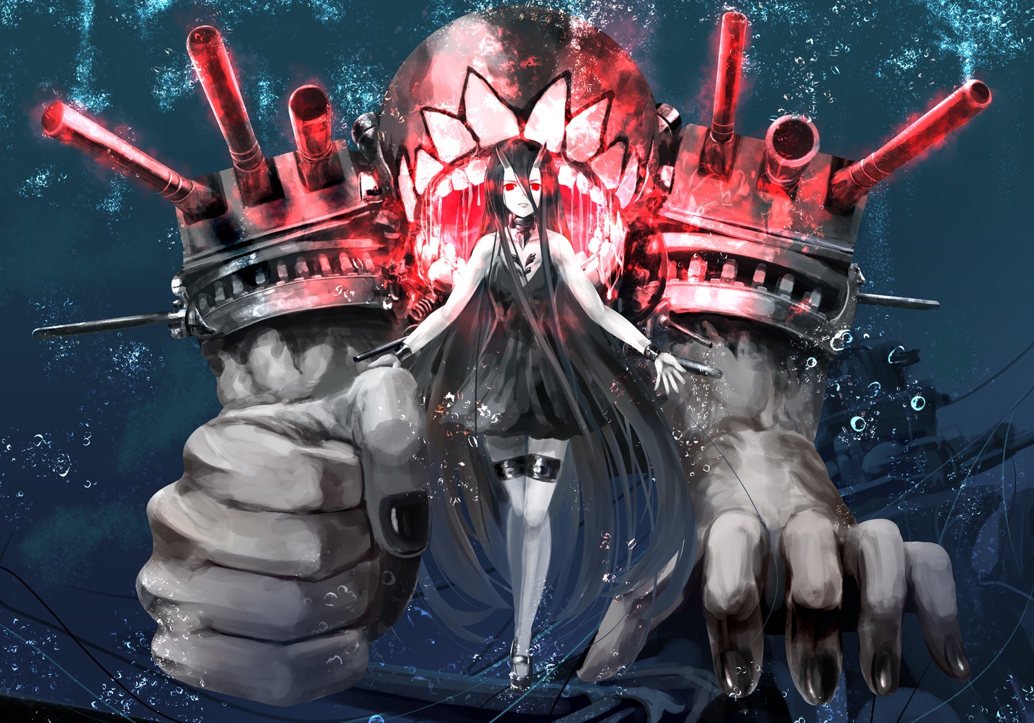 anthropomorphism, battleship_hime, black_hair, bubbles, choker, dress, horns, kantai_collection