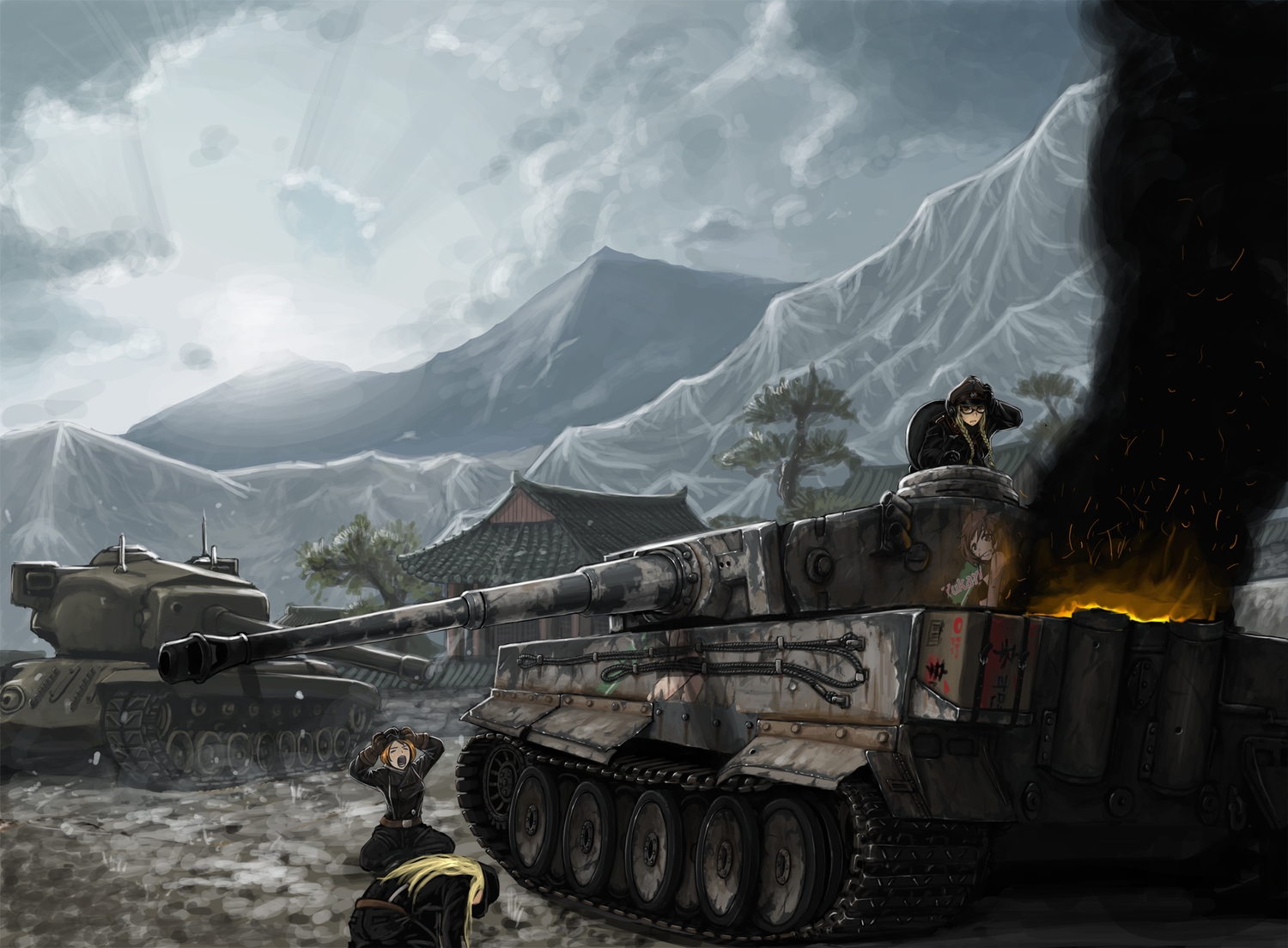 akiyama_yukari, blonde_hair, braids, combat_vehicle, fire, girls_und_panzer, glasses, hat, kimbbp, military, sky, tree, uniform, world_of_tanks