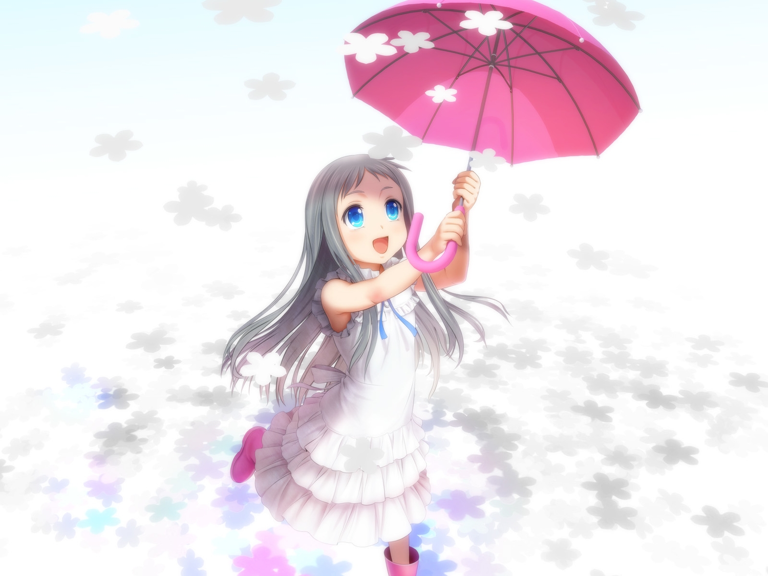 ano_hi_mita_hana_no_namae_wo_bokutachi_wa_mada_shiranai, aqua_eyes, boots, dress, gray_hair, honma_meiko, loli, long_hair