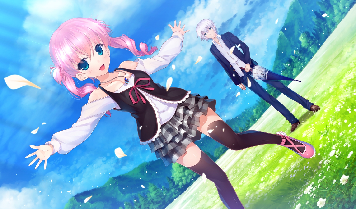 blue_eyes, clouds, flowers, game_cg, gray_hair, hayakawa_harui, lass, michioka_airi