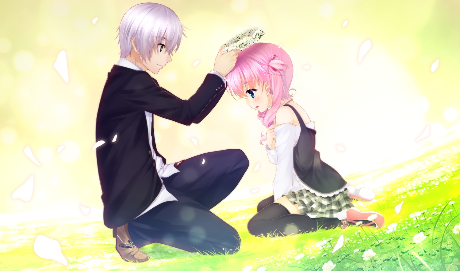 flowers, game_cg, grass, gray_hair, hayakawa_harui, lass, michioka_airi, petals