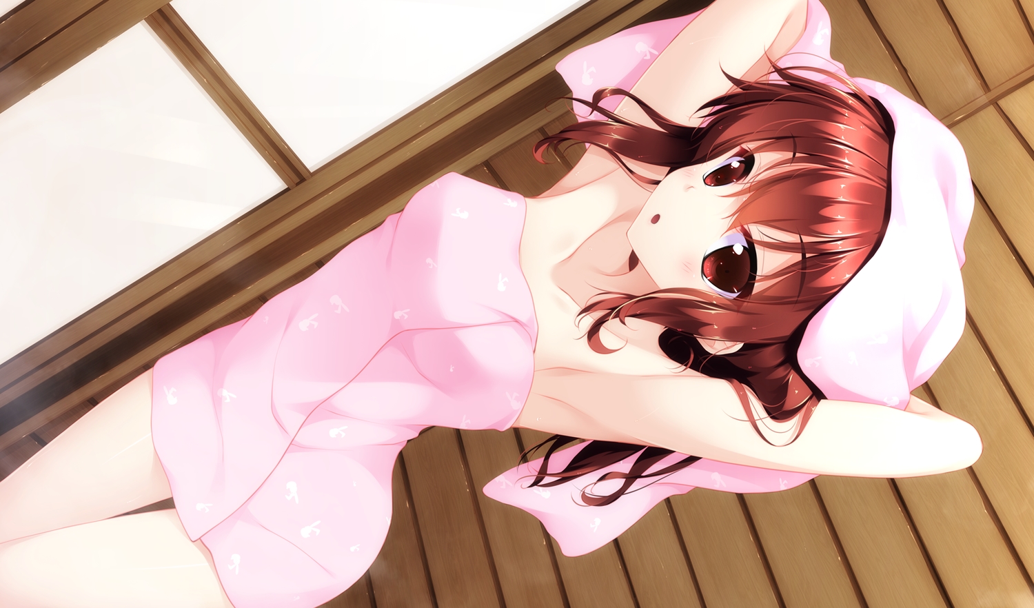 brown_hair, game_cg, hayakawa_harui, lass, red_eyes, short_hair, shoujo_shiniki_shoujo_tengoku, towel, tsukamine_miori