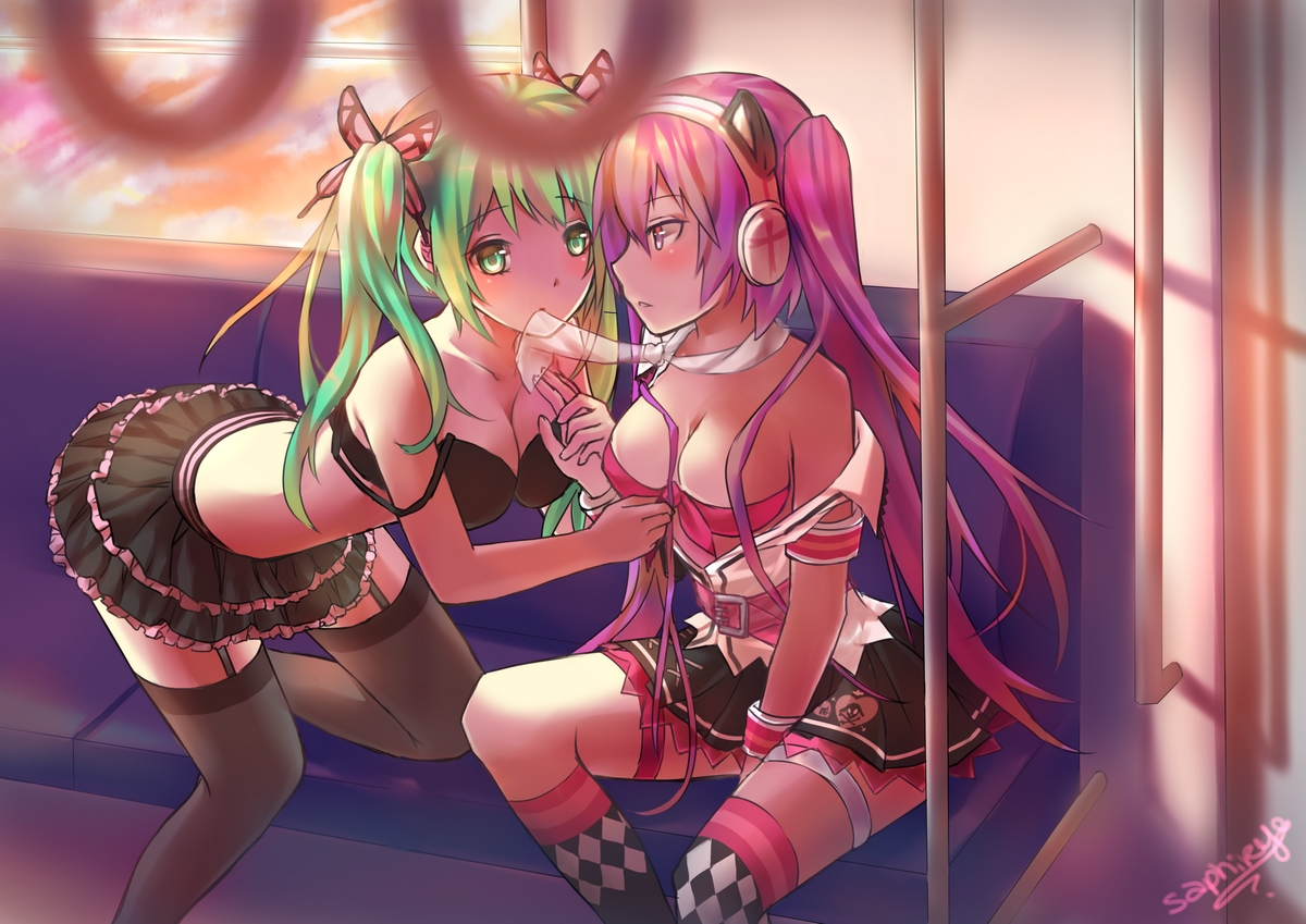 2girls, bikini_top, breasts, cleavage, garter_belt, green_eyes, green_hair, hatsune_miku, headphones, megurine_luka, open_shirt, pink_eyes, pink_hair, saphirya, shoujo_ai, signed, skirt, stockings, thighhighs, tie, twintails, vocaloid