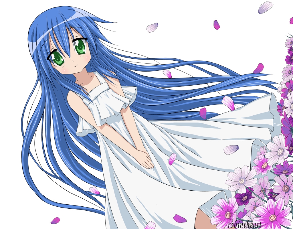 blue_hair, dress, flowers, green_eyes, izumi_kanata, long_hair, lucky_star, petals