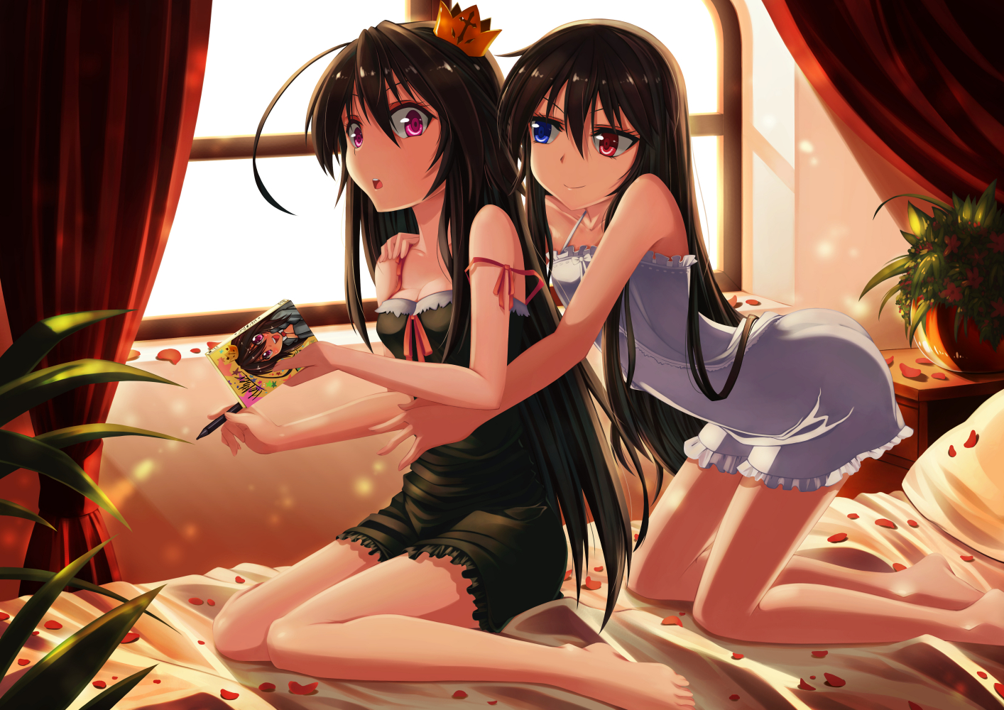 bed, bellezza_felutia, book, brown_hair, crown, dress, helther, heltheria, hug, long_hair, male, original, otoko_no_ko, petals