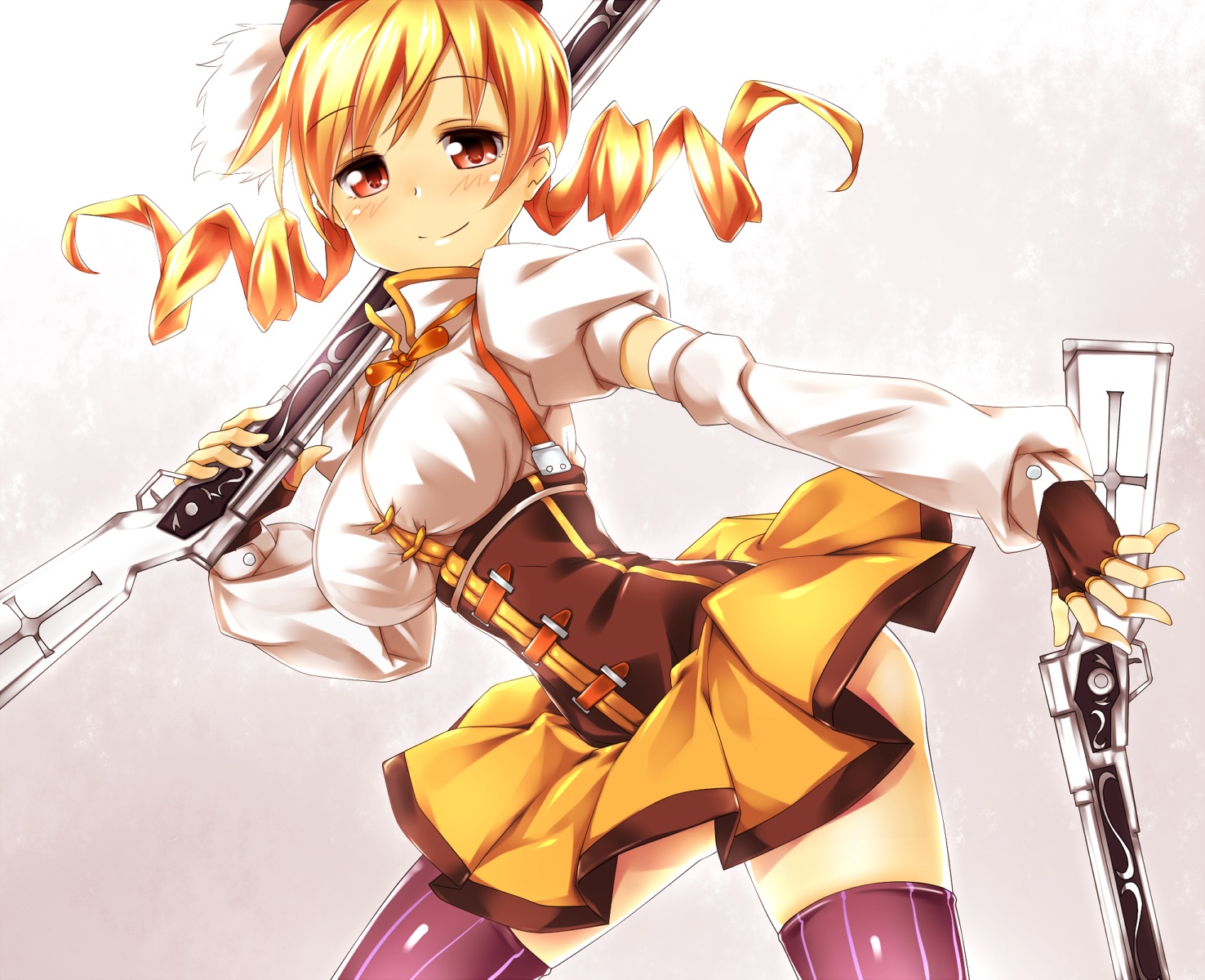 blonde_hair, gloves, gun, hat, keikotsu, long_hair, mahou_shoujo_madoka_magica, red_eyes, skirt, thighhighs, tomoe_mami, twintails, weapon