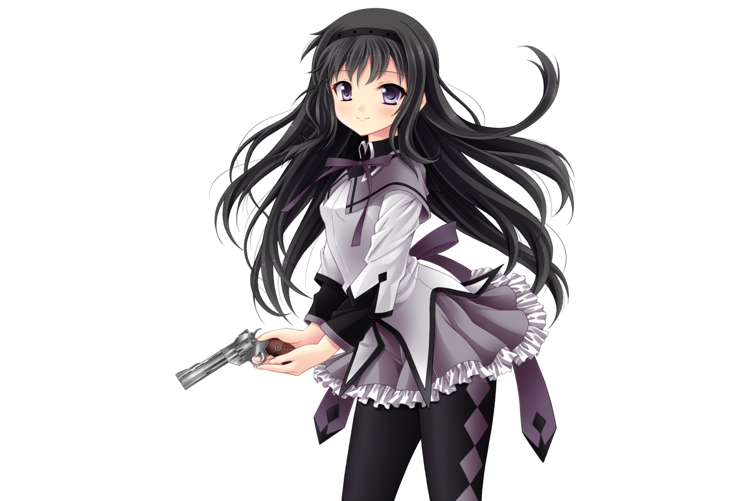 akemi_homura, black_hair, bow, gun, headband, long_hair, mahou_shoujo_madoka_magica, mizuki_yuuma, nightmare77zx, pantyhose, purple_eyes, skirt, weapon, white