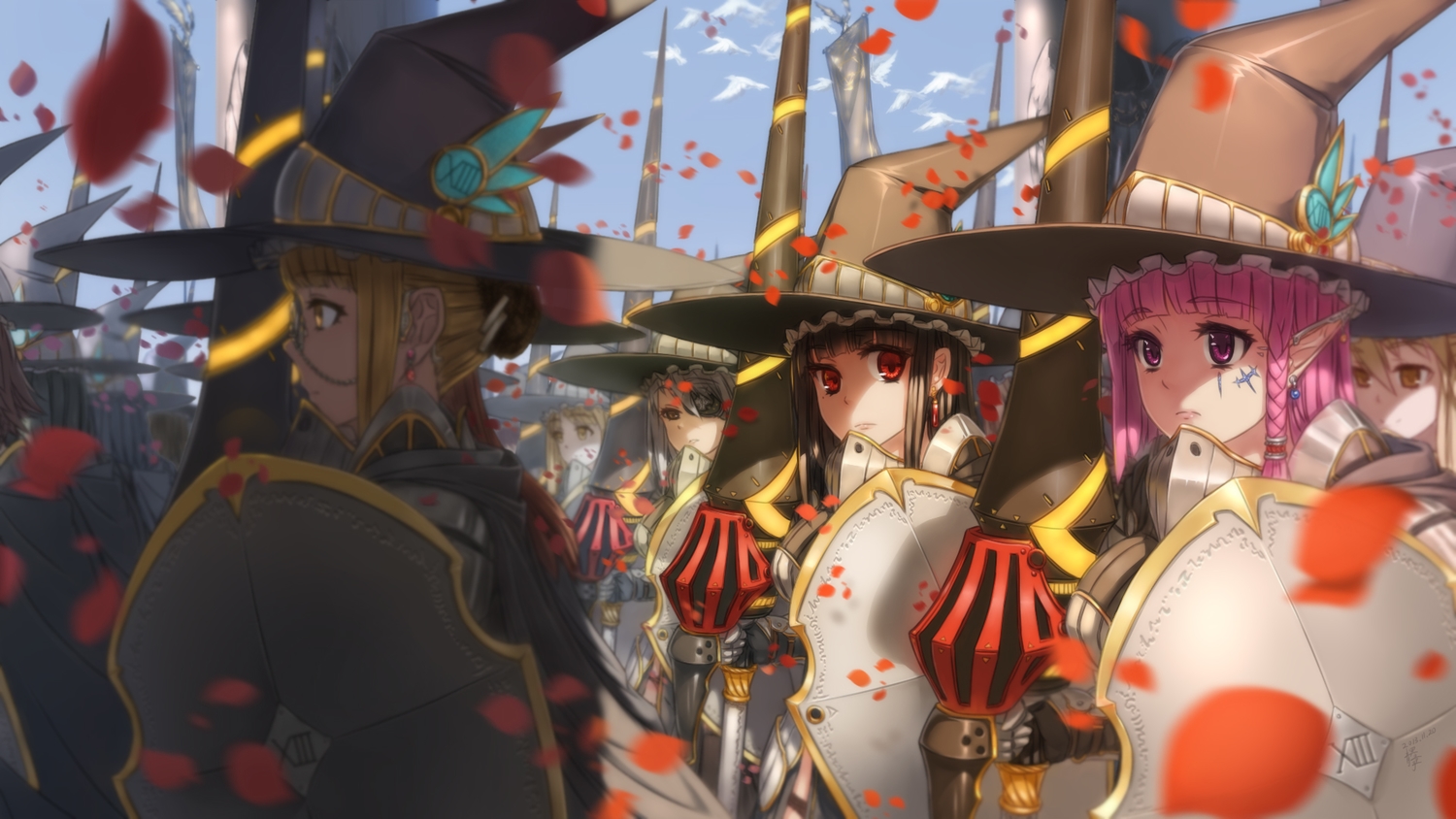 armor, black_hair, blonde_hair, brown_eyes, eyepatch, glasses, gray_hair, hat, original, petals, pink_eyes, pink_hair, pointed_ears, qingmingtongzi, red_eyes, spear, weapon, witch_hat, yellow_eyes