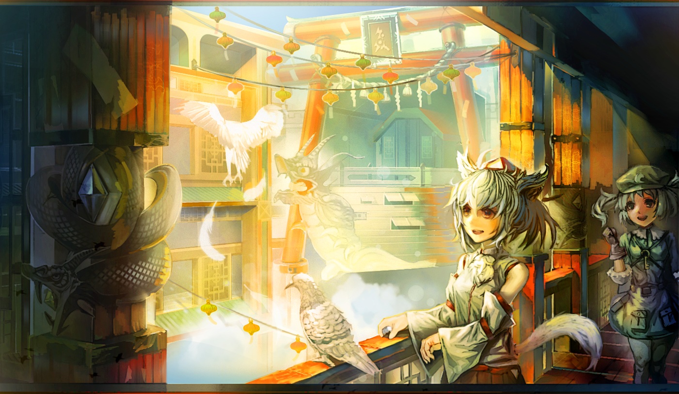 animal, animal_ears, bird, hat, inubashiri_momiji, kawashiro_nitori, ramudayajirusi, snake, tail, touhou, wolfgirl