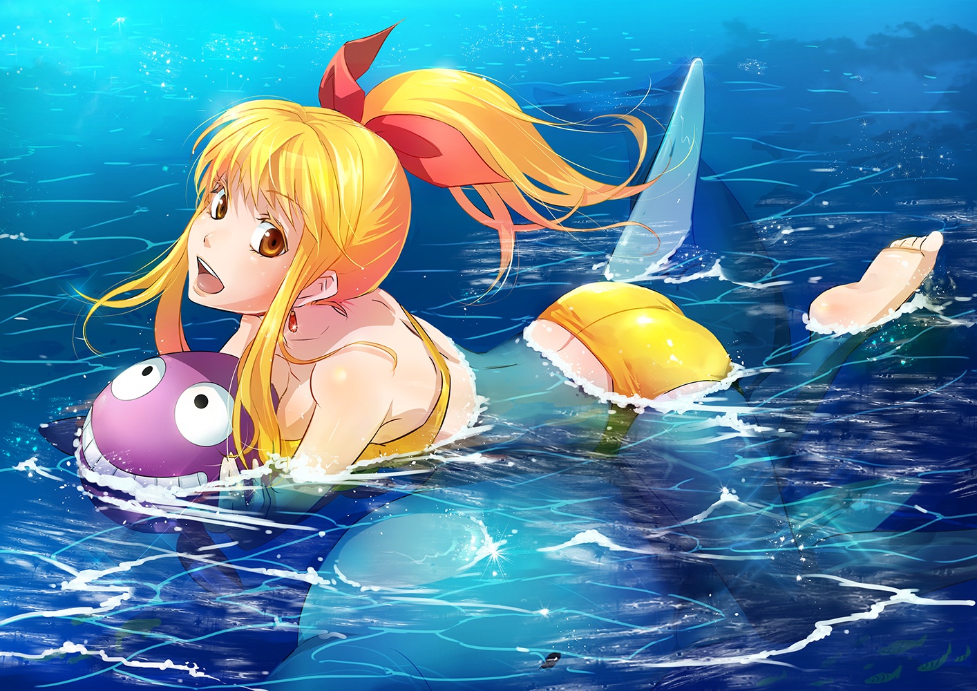 animal, bikini, blonde_hair, dolphin, kanotuki, long_hair, marin, ponytail, swimsuit, umi_monogatari, yellow_eyes
