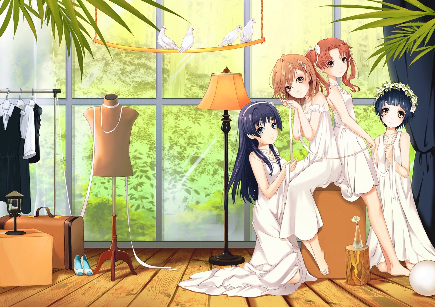 animal, barefoot, bird, black_hair, blue_eyes, brown_eyes, brown_hair, dress, group, headband, headdress, long_hair, misaka_mikoto, ribbons, saten_ruiko, shirai_kuroko, short_hair, to_aru_kagaku_no_railgun, to_aru_majutsu_no_index, twintails, uiharu_kazari, wang_jiabo