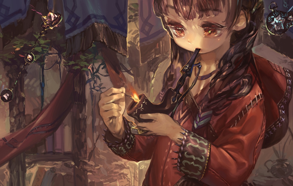 brown_eyes, brown_hair, jikan_hakushaku, long_hair, original, smoking