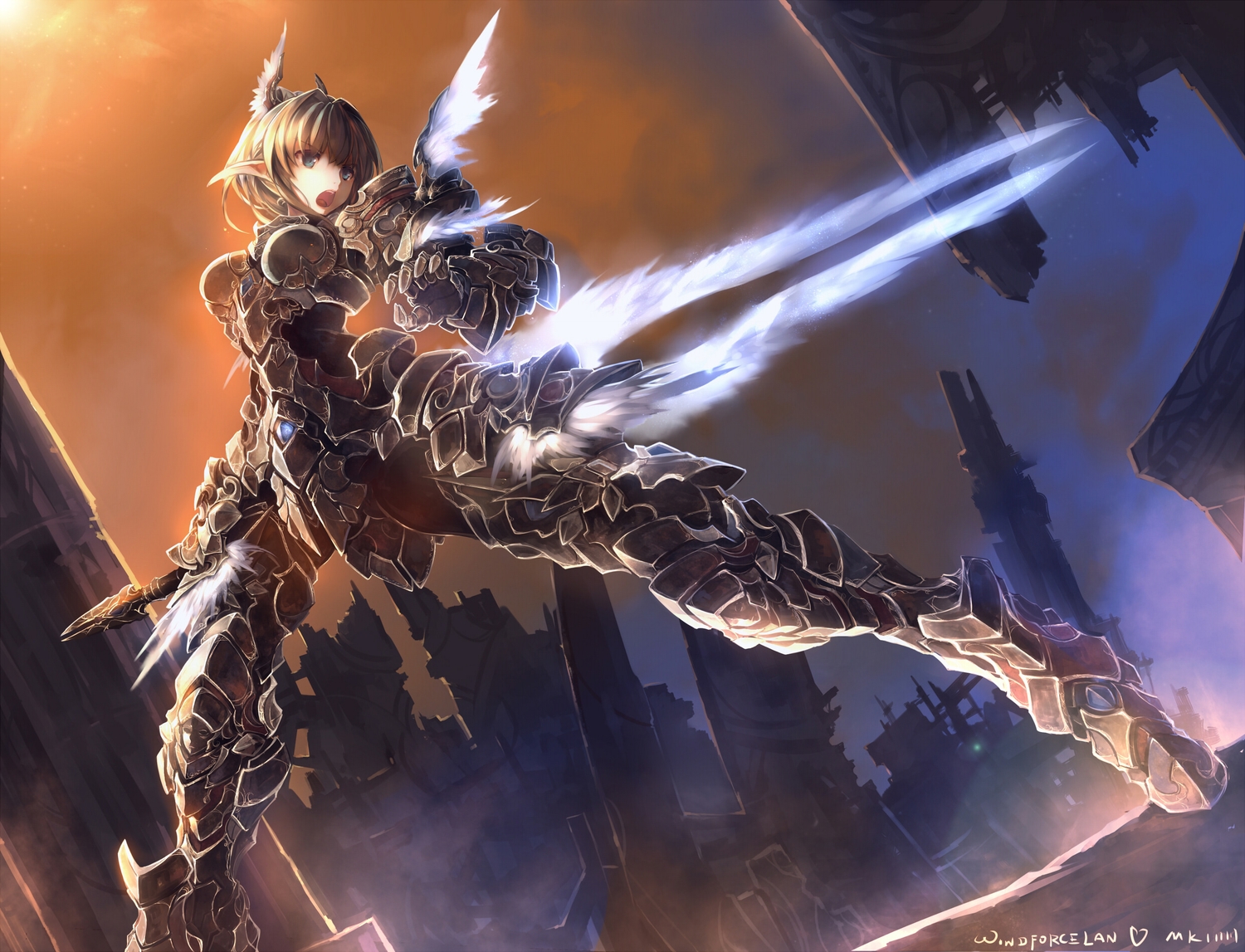 armor, blonde_hair, blue_eyes, mkiiiiii_(chuanxcc), original, pointed_ears, short_hair, signed, sword, weapon, windforcelan, wings
