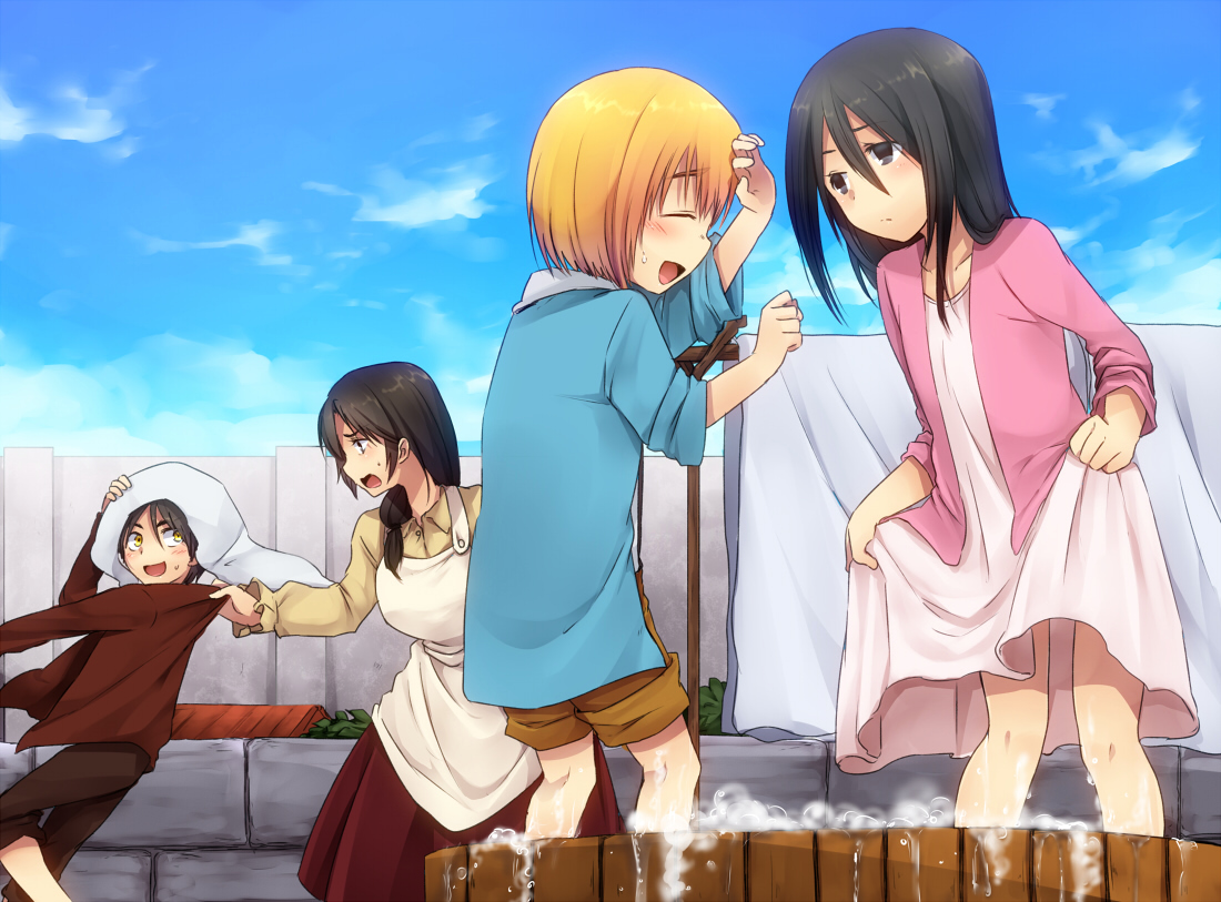 armin_arlert, black_eyes, black_hair, blonde_hair, brown_hair, carla_jaeger, dress, eren_jaeger, group, marimo_danshaku, mikasa_ackerman, shingeki_no_kyojin, sky, yellow_eyes