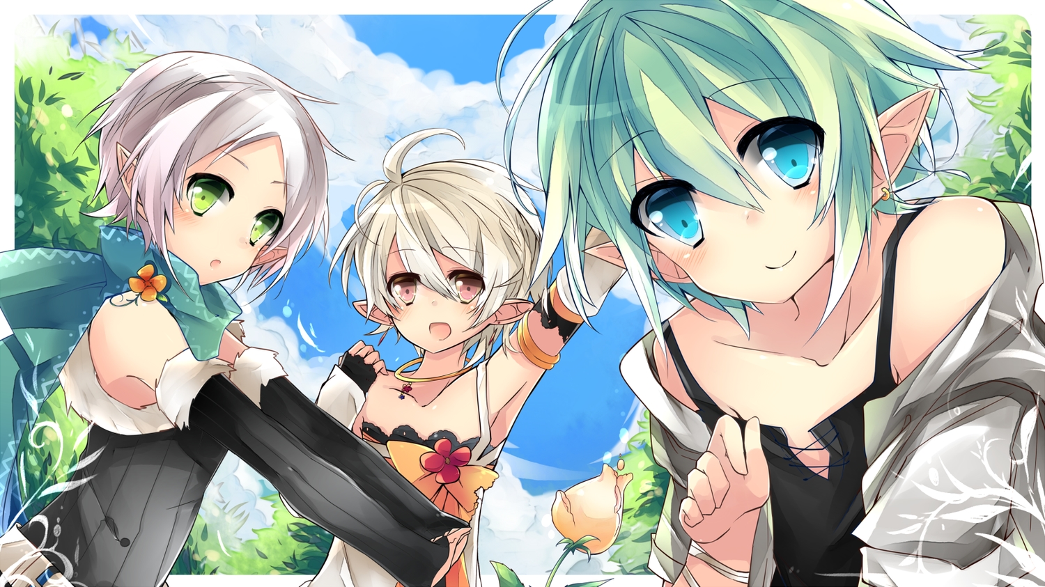 all_male, aqua_hair, blue_eyes, blush, brown_eyes, gray_hair, leeannpippisum, male, original, otoko_no_ko, pointed_ears, short_hair, white_hair