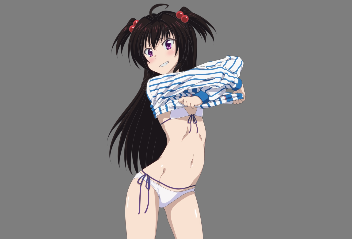 bikini, black_hair, flat_chest, lamdia_de_accimemor, long_hair, midiman, navel, purple_eyes, shirt_lift, swimsuit, transparent, twintails, undressing, yuusha_ni_narenakatta_ore_wa_shibushibu_shuushoku_o_ketsui_shimashita.