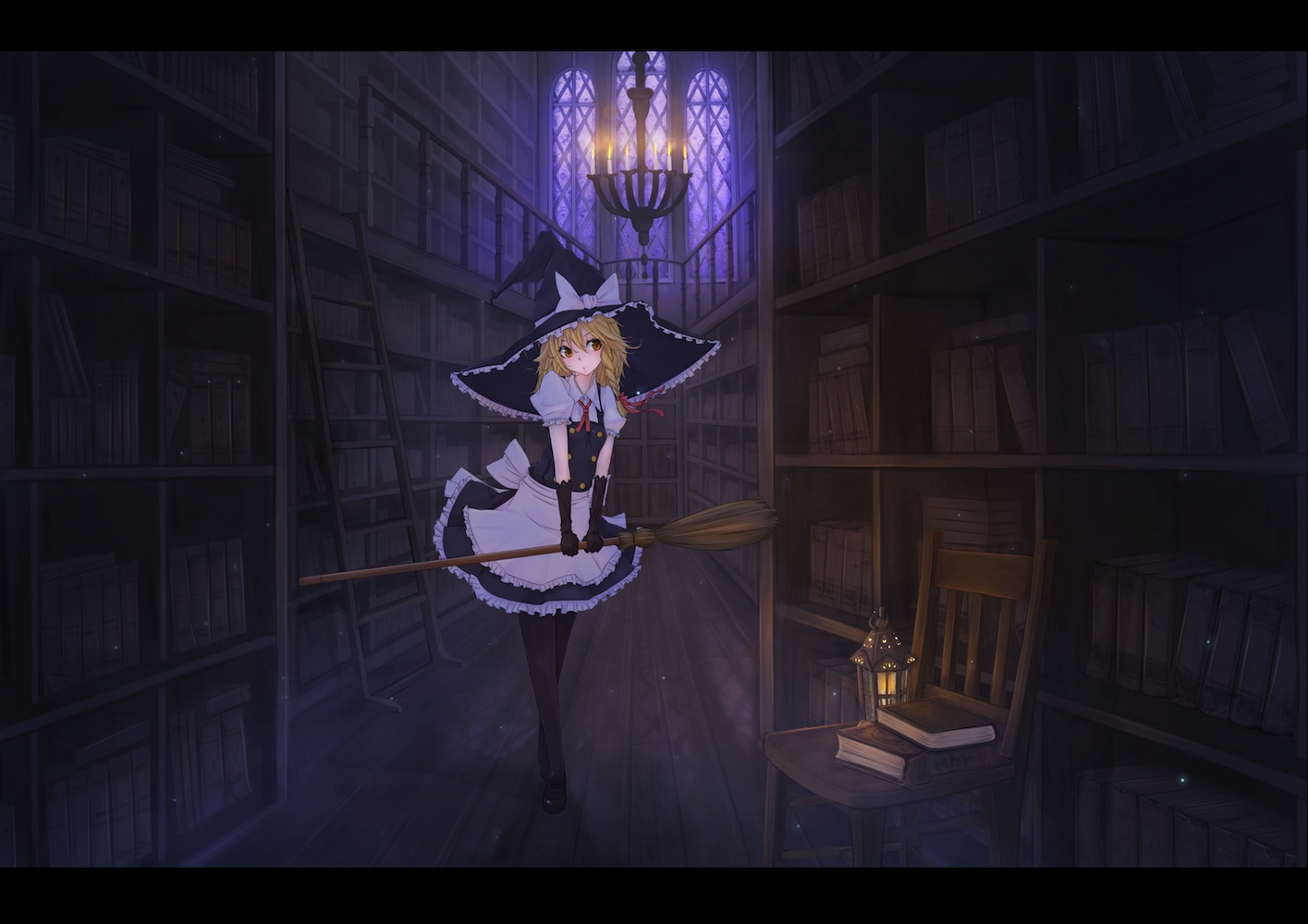 blonde_hair, book, braids, dark, gloves, hat, kirisame_marisa, maru-pen, pantyhose, touhou, witch, yellow_eyes