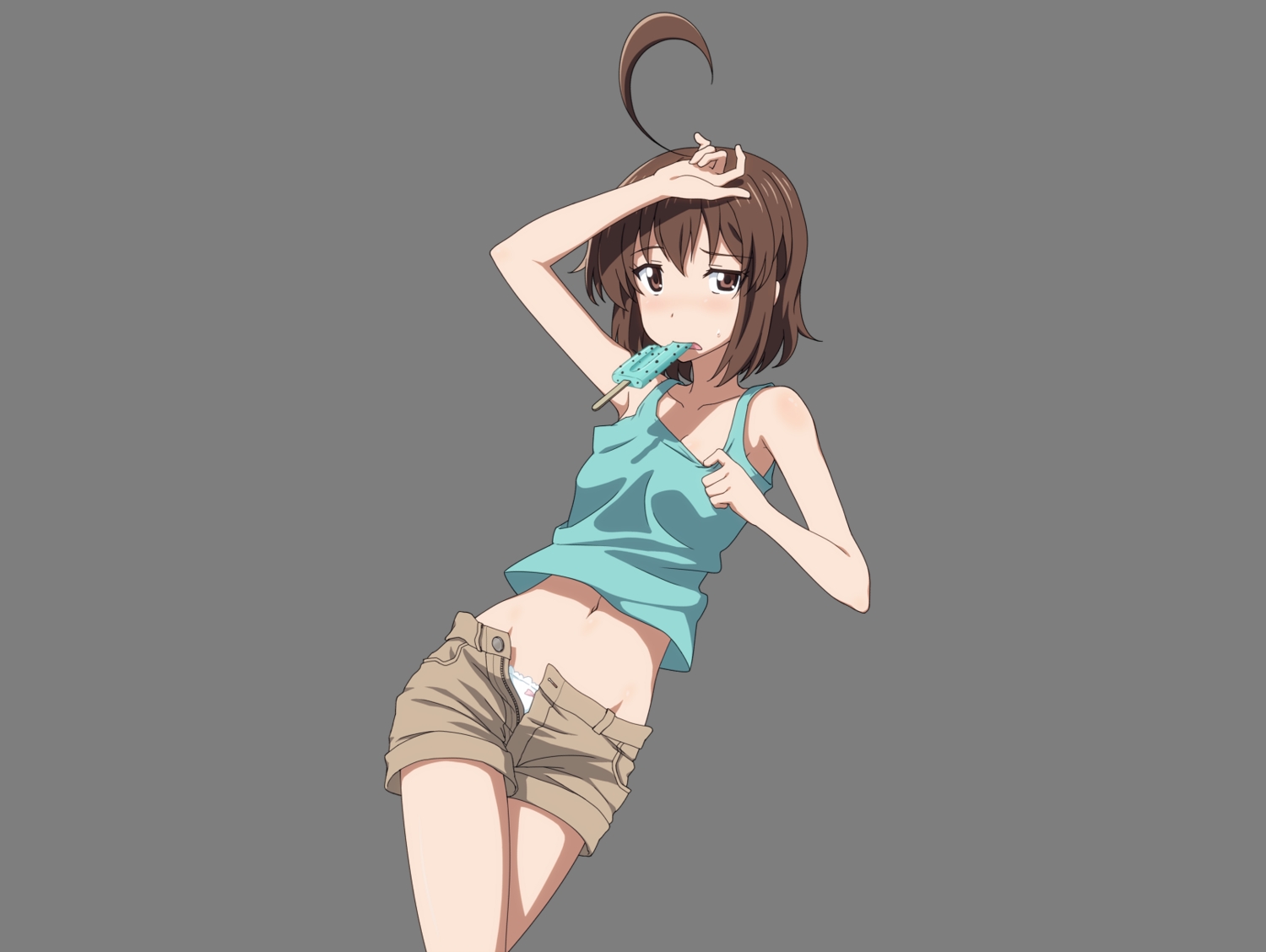 andou_natsuki, brown_eyes, brown_hair, kitakubu_katsudou_kiroku, midiman, navel, panties, popsicle