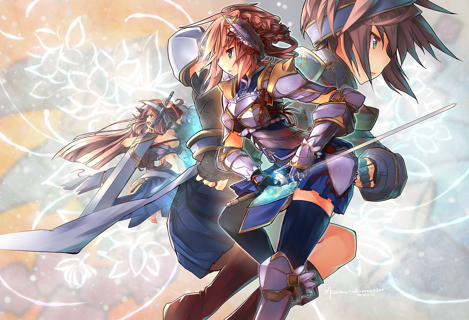 aqua_eyes, armor, brown_hair, mkiiiiii_(chuanxcc), original, signed, sword, thighhighs