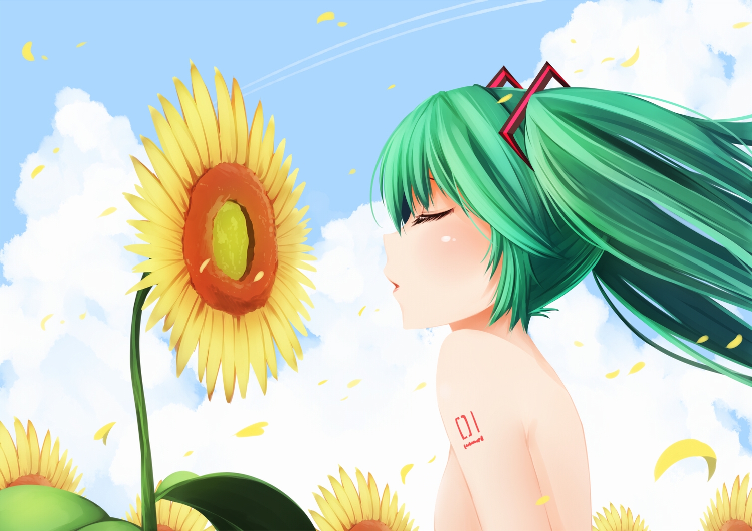 flowers, green_hair, hatsune_miku, helther, sunflower, twintails, vocaloid